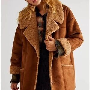 Free People Brown Trench Coat with Shearling Accents